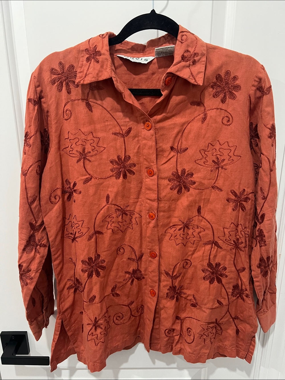 Orvis Rust Orange Floral Embroidered Button-Down Shirt Size Small